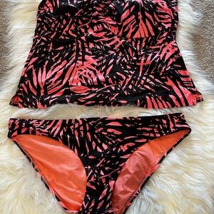 Aerie Chic Black and Pink Leaf Print Swimsuit